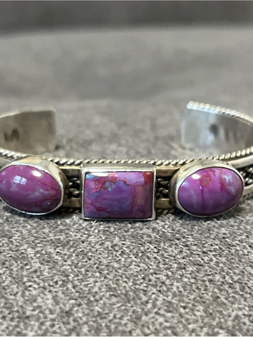 Vintage Sterling Silver Cuff Bracelet purple turquoise Navajo Jake 32g 3 stones